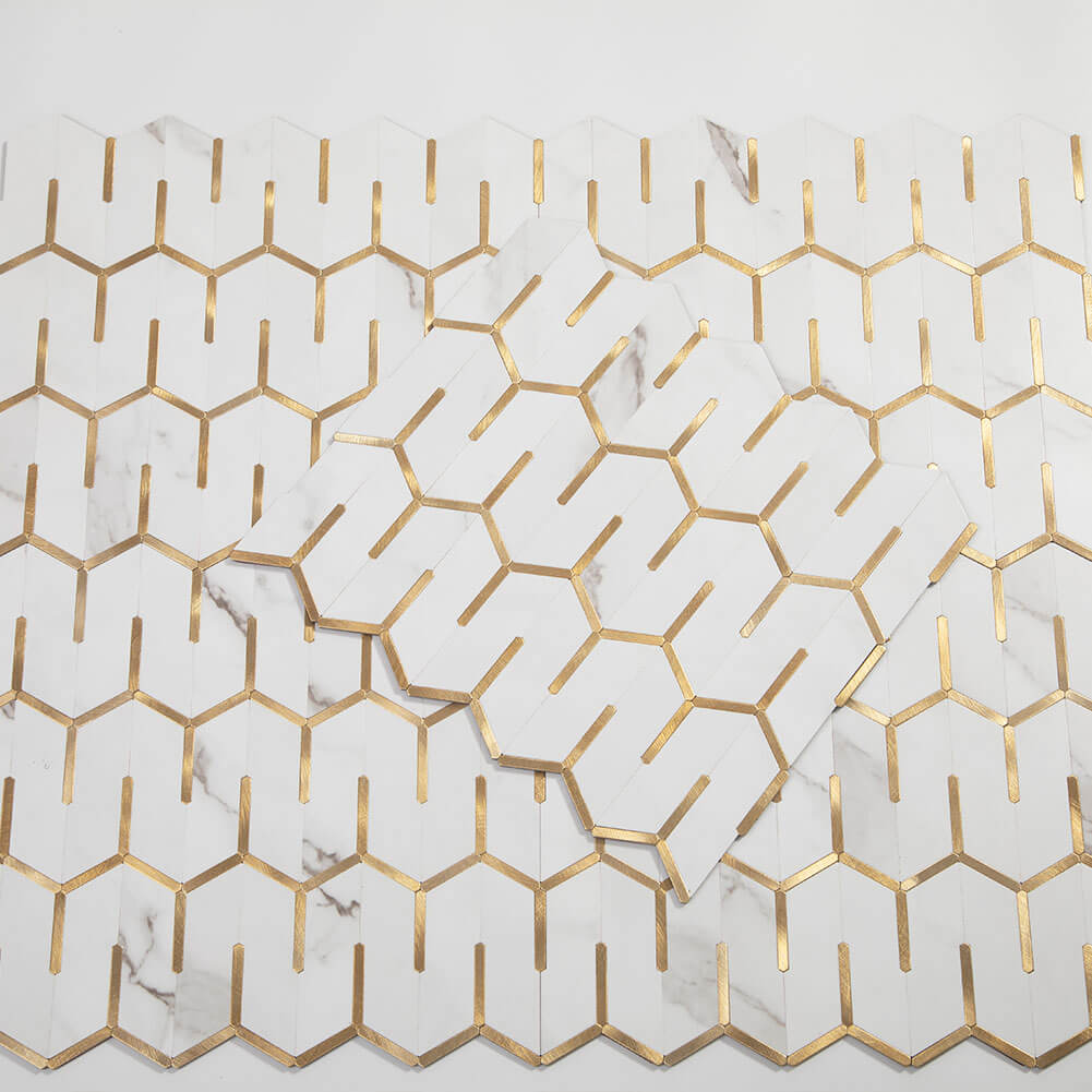 Peel and Stick Tile Backsplash PVC White Marble Stone with Gold Metal Chevron Tile (5-Pack)