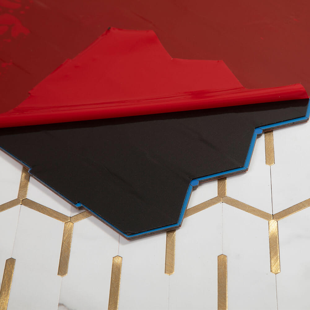 Peel and Stick Tile Backsplash PVC White Marble Stone with Gold Metal Chevron Tile (5-Pack)