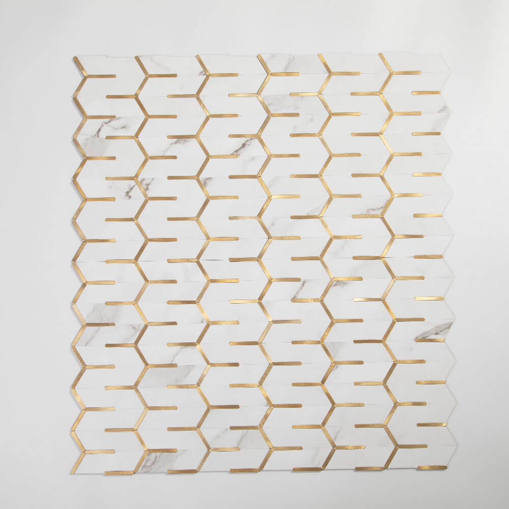 Peel and Stick Tile Backsplash PVC White Marble Stone with Gold Metal Chevron Tile (5-Pack)