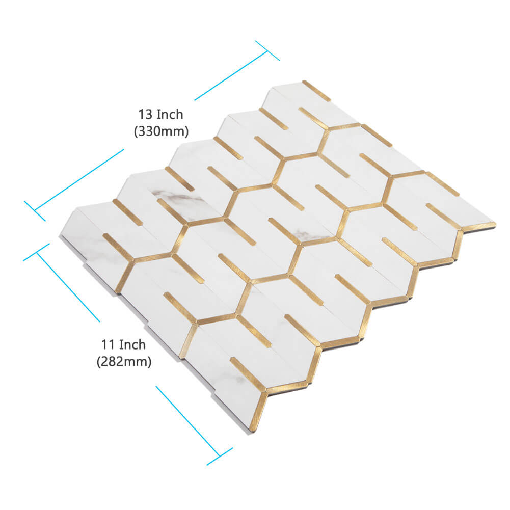 Peel and Stick Tile Backsplash PVC White Marble Stone with Gold Metal Chevron Tile (5-Pack)