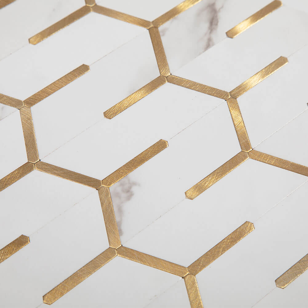 Peel and Stick Tile Backsplash PVC White Marble Stone with Gold Metal Chevron Tile (5-Pack)