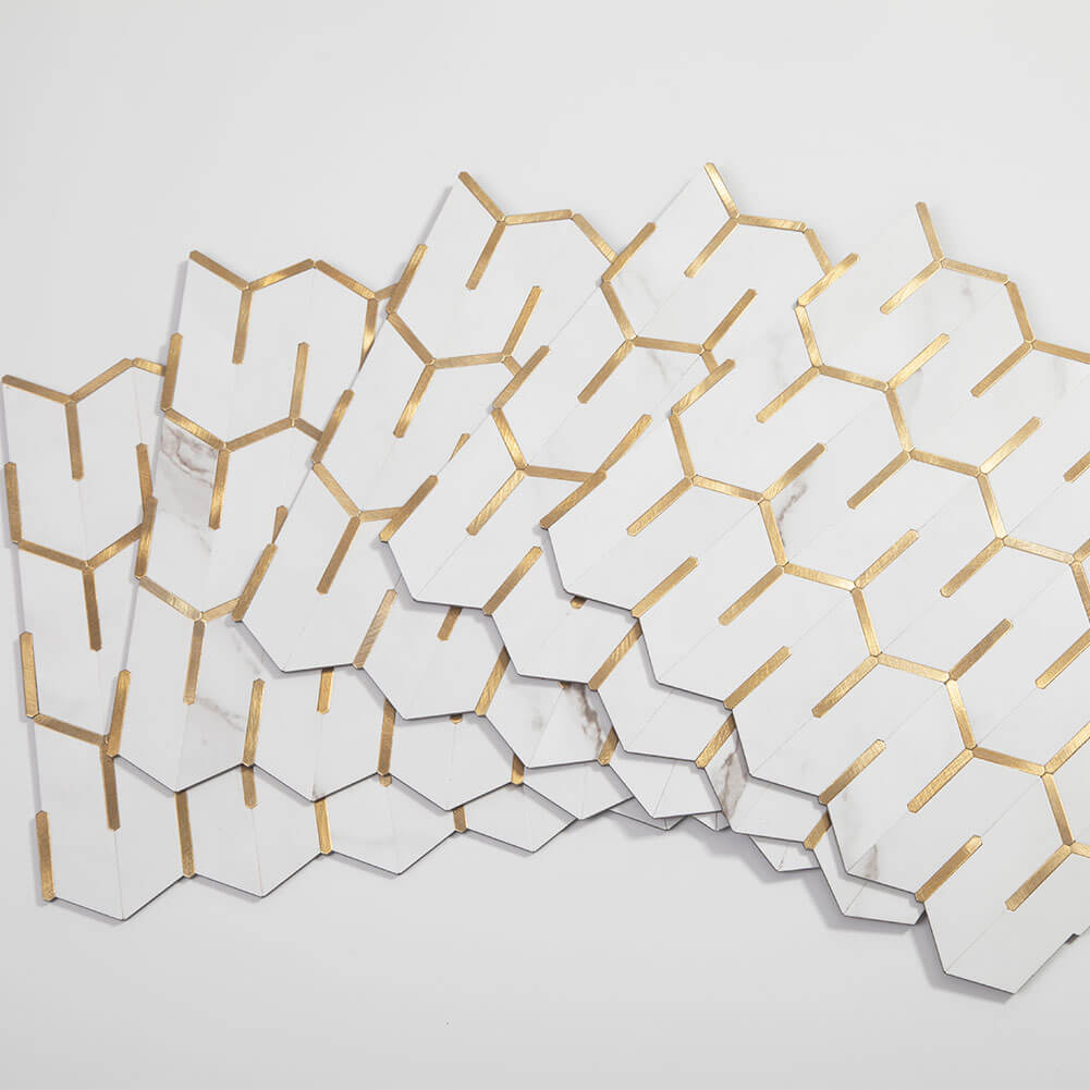 Peel and Stick Tile Backsplash PVC White Marble Stone with Gold Metal Chevron Tile (5-Pack)