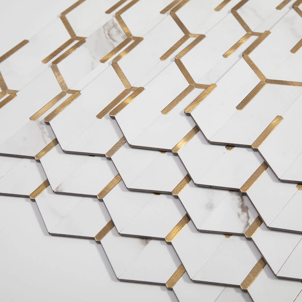 Peel and Stick Tile Backsplash PVC White Marble Stone with Gold Metal Chevron Tile (5-Pack)