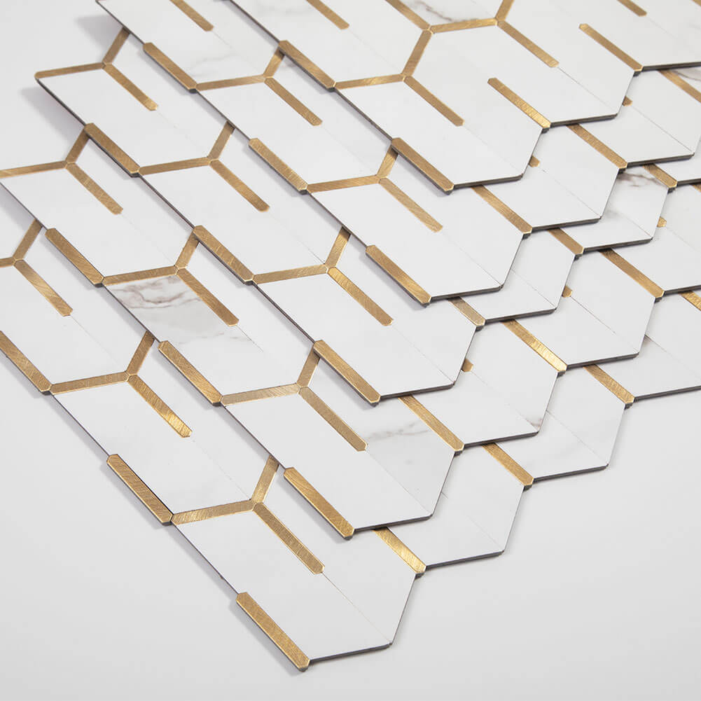 Peel and Stick Tile Backsplash PVC White Marble Stone with Gold Metal Chevron Tile (5-Pack)