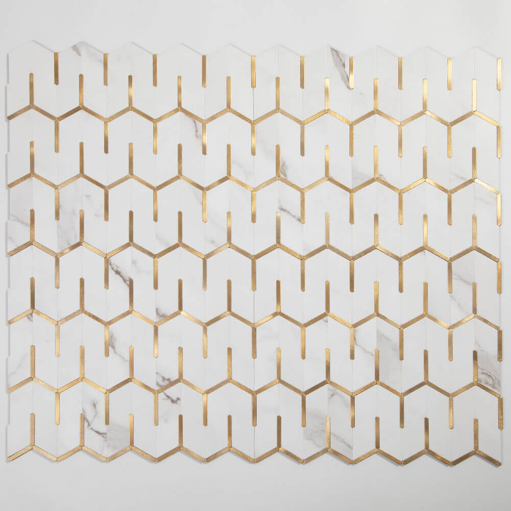 Peel and Stick Tile Backsplash PVC White Marble Stone with Gold Metal Chevron Tile (5-Pack)