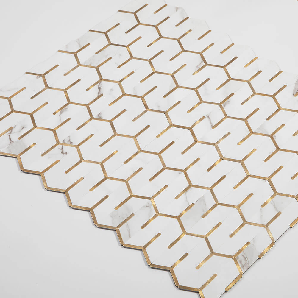 Peel and Stick Tile Backsplash PVC White Marble Stone with Gold Metal Chevron Tile (5-Pack)