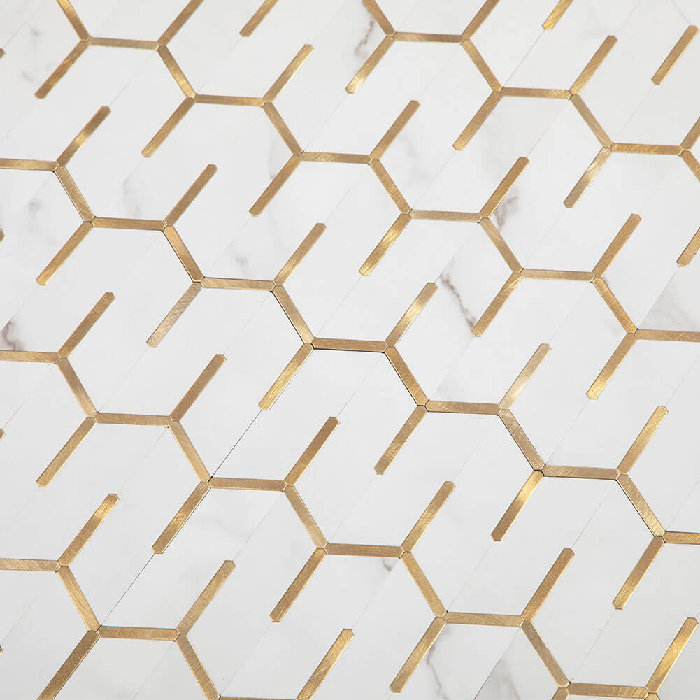 Peel and Stick Tile Backsplash PVC White Marble Stone with Gold Metal Chevron Tile (5-Pack)