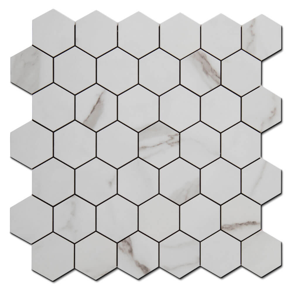2‘’ Hexagon White Marble Grain Peel and Stick Tile Backsplash (5-Pack, 5 sq.ft.)