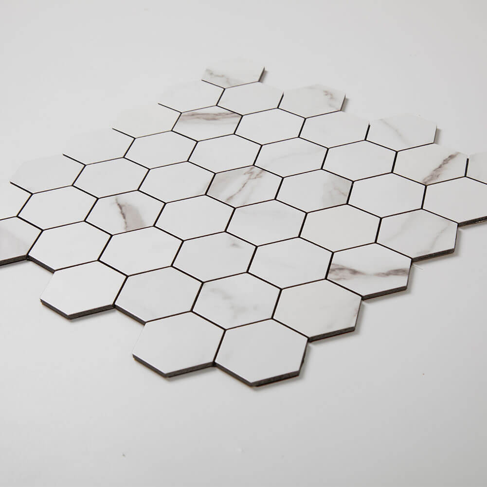 2‘’ Hexagon White Marble Grain Peel and Stick Tile Backsplash (5-Pack, 5 sq.ft.)