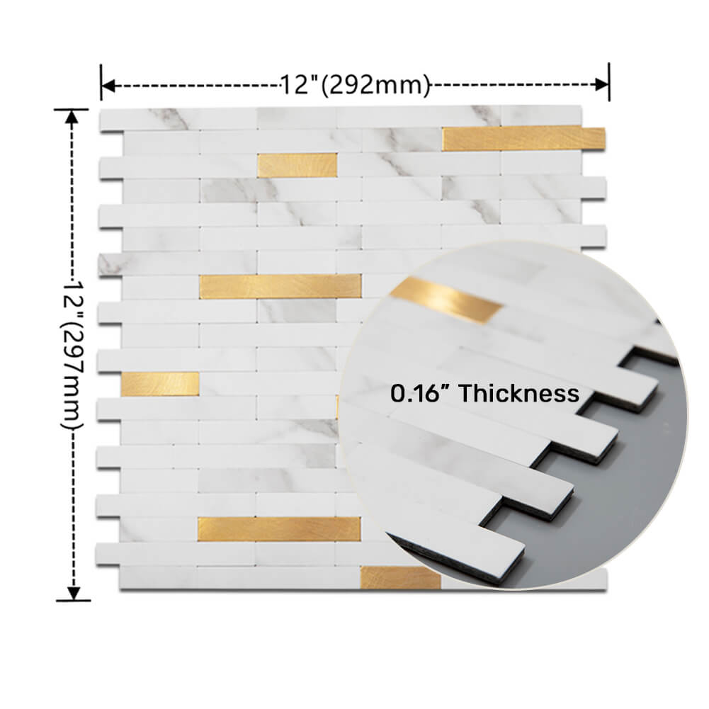 Peel and Stick Backsplash Tile 5 Sheets White Marble Stone with Gold Metal Strip Mosaic Wall Decor Sticker