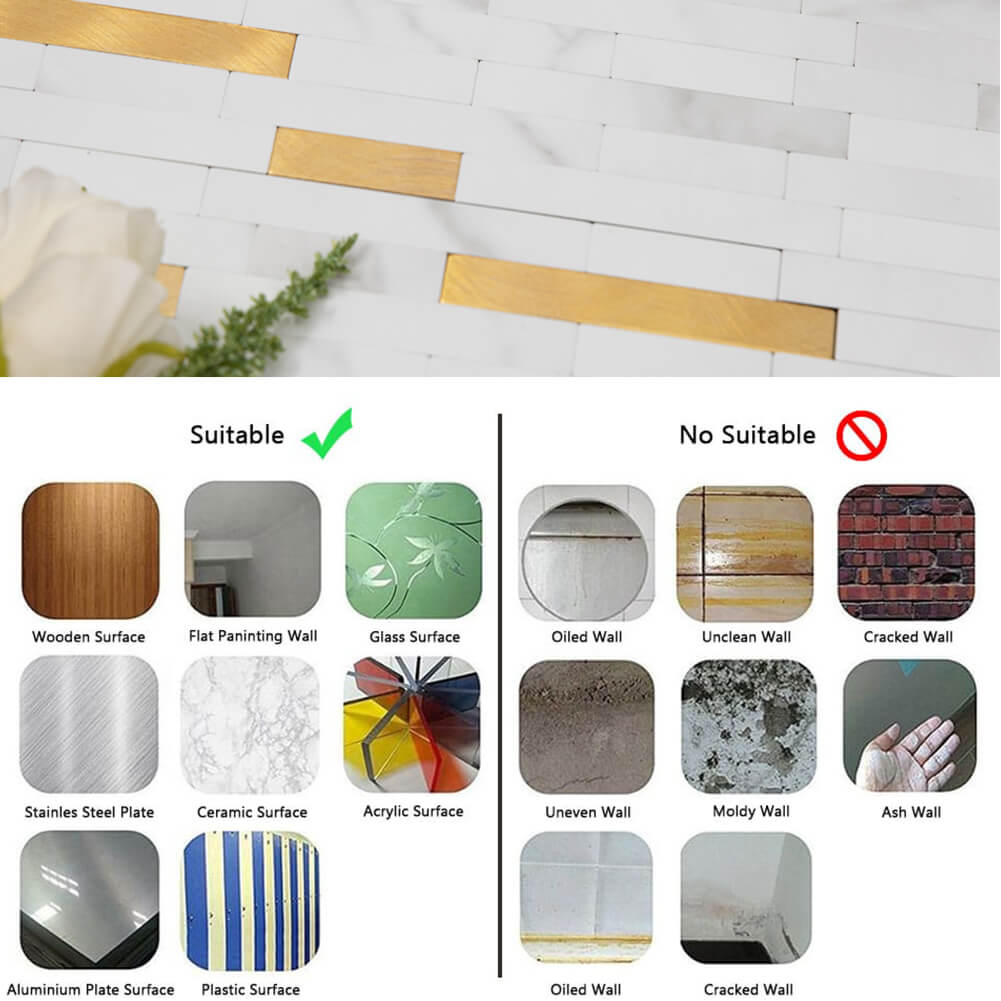 Peel and Stick Backsplash Tile 5 Sheets White Marble Stone with Gold Metal Strip Mosaic Wall Decor Sticker