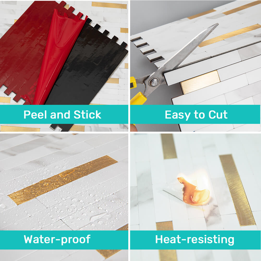 Peel and Stick Backsplash Tile 5 Sheets White Marble Stone with Gold Metal Strip Mosaic Wall Decor Sticker