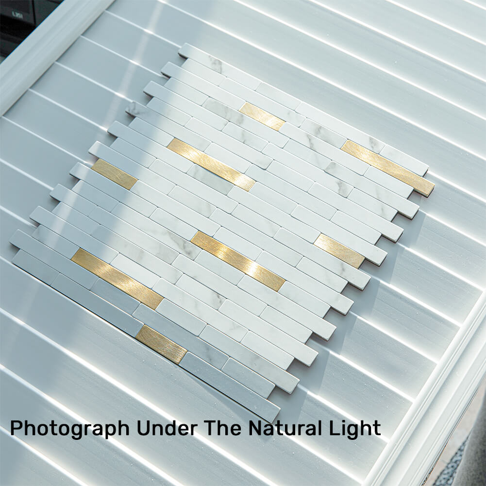 Peel and Stick Backsplash Tile 5 Sheets White Marble Stone with Gold Metal Strip Mosaic Wall Decor Sticker