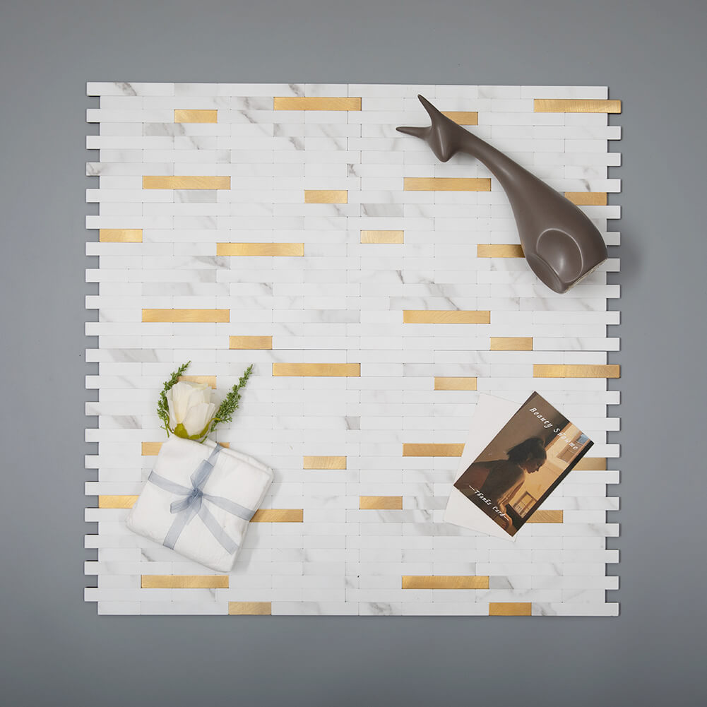 Peel and Stick Backsplash Tile 5 Sheets White Marble Stone with Gold Metal Strip Mosaic Wall Decor Sticker
