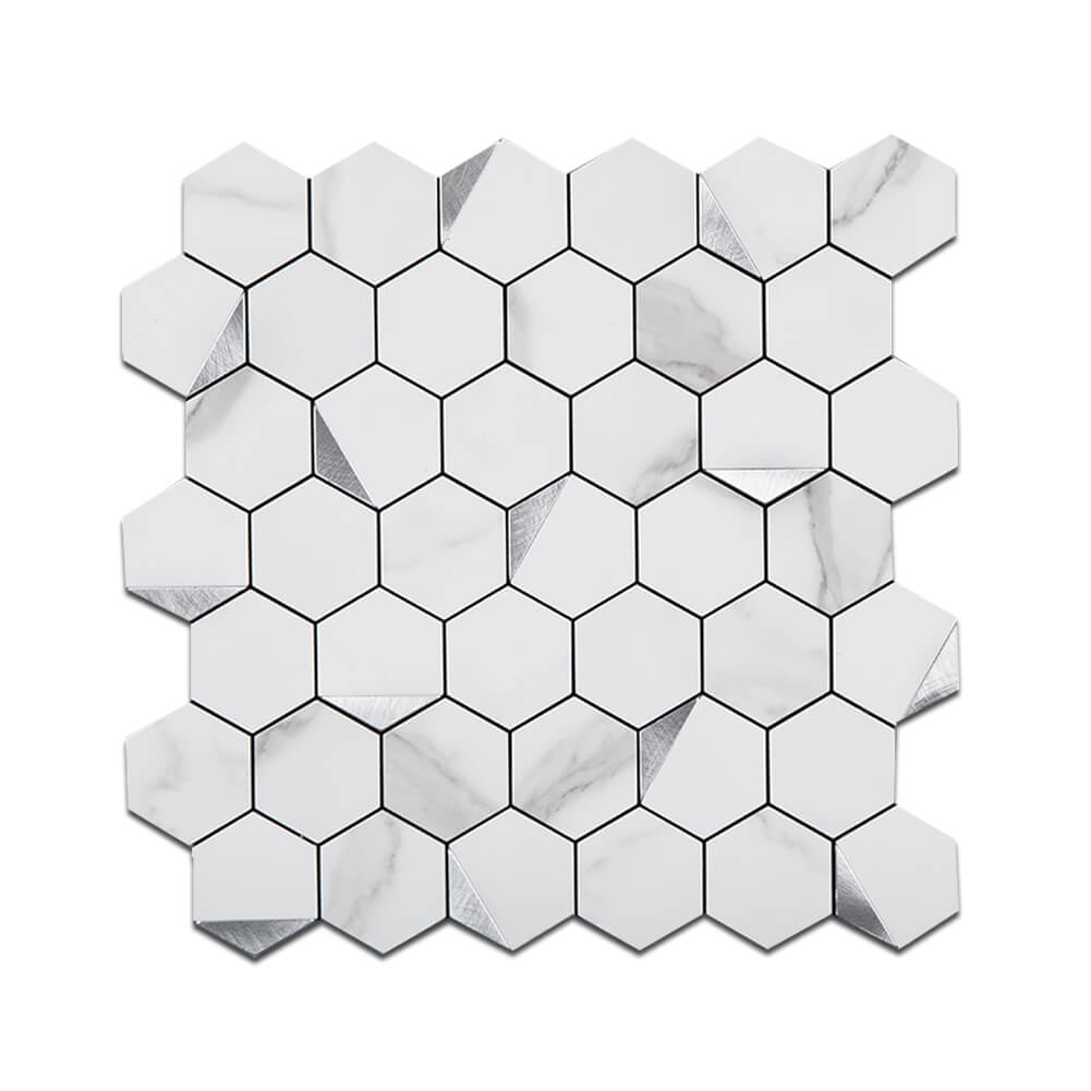 5-Sheet Peel and Stick Tile Backsplash PVC White Marble Stone with Silver Metal Hexagon Metal Tile