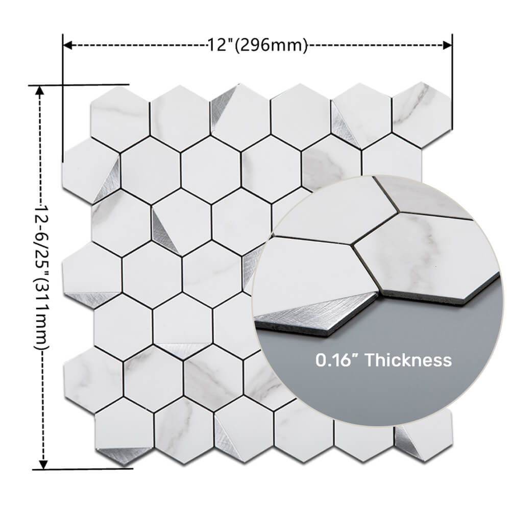 5-Sheet Peel and Stick Tile Backsplash PVC White Marble Stone with Silver Metal Hexagon Metal Tile