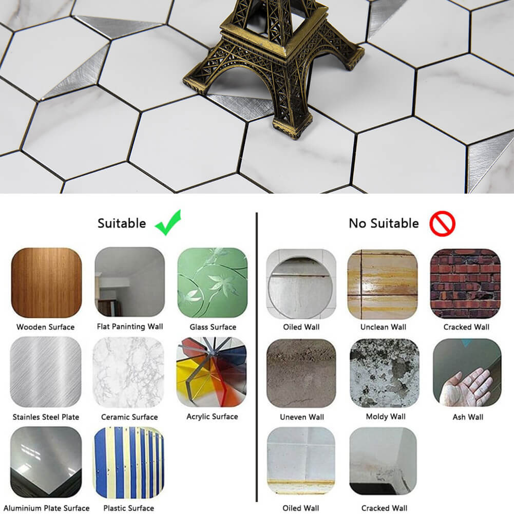 5-Sheet Peel and Stick Tile Backsplash PVC White Marble Stone with Silver Metal Hexagon Metal Tile