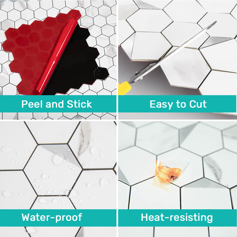 5-Sheet Peel and Stick Tile Backsplash PVC White Marble Stone with Silver Metal Hexagon Metal Tile