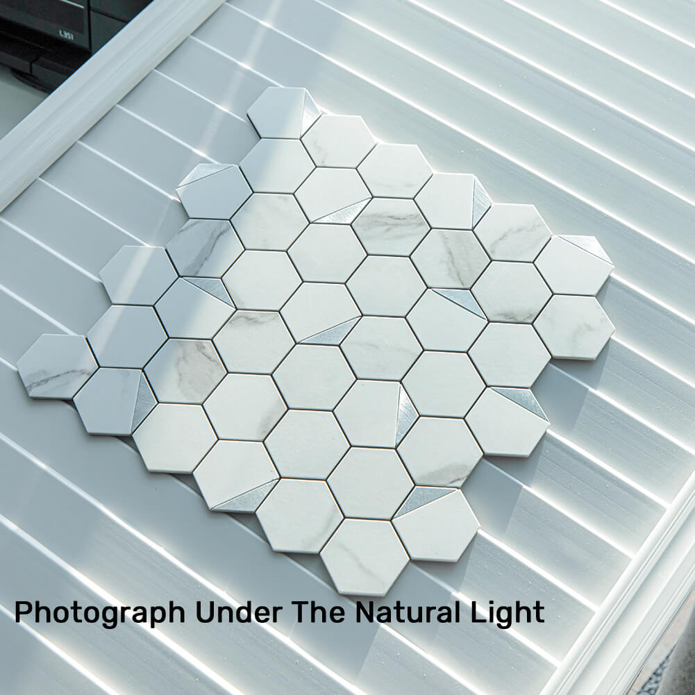 5-Sheet Peel and Stick Tile Backsplash PVC White Marble Stone with Silver Metal Hexagon Metal Tile