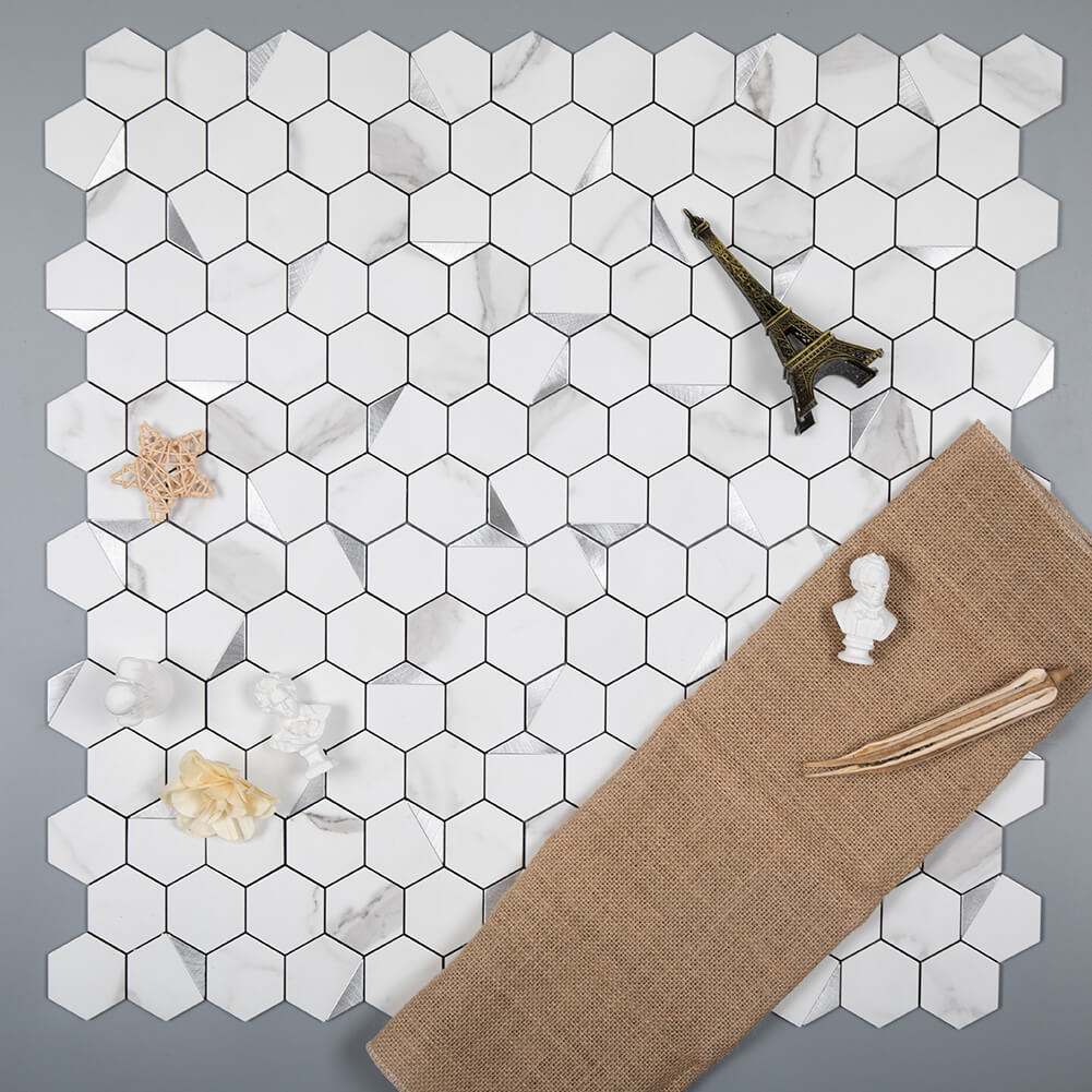 5-Sheet Peel and Stick Tile Backsplash PVC White Marble Stone with Silver Metal Hexagon Metal Tile