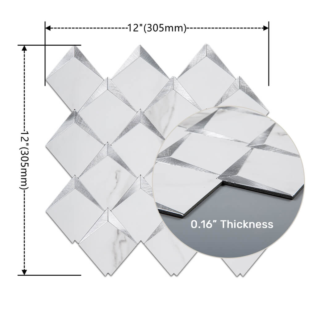 5-Sheet Peel and Stick Backsplash Tile PVC White Marble Stone with Silver Aluminum Metal Self-Adhesive Mosaic Decor Sticker