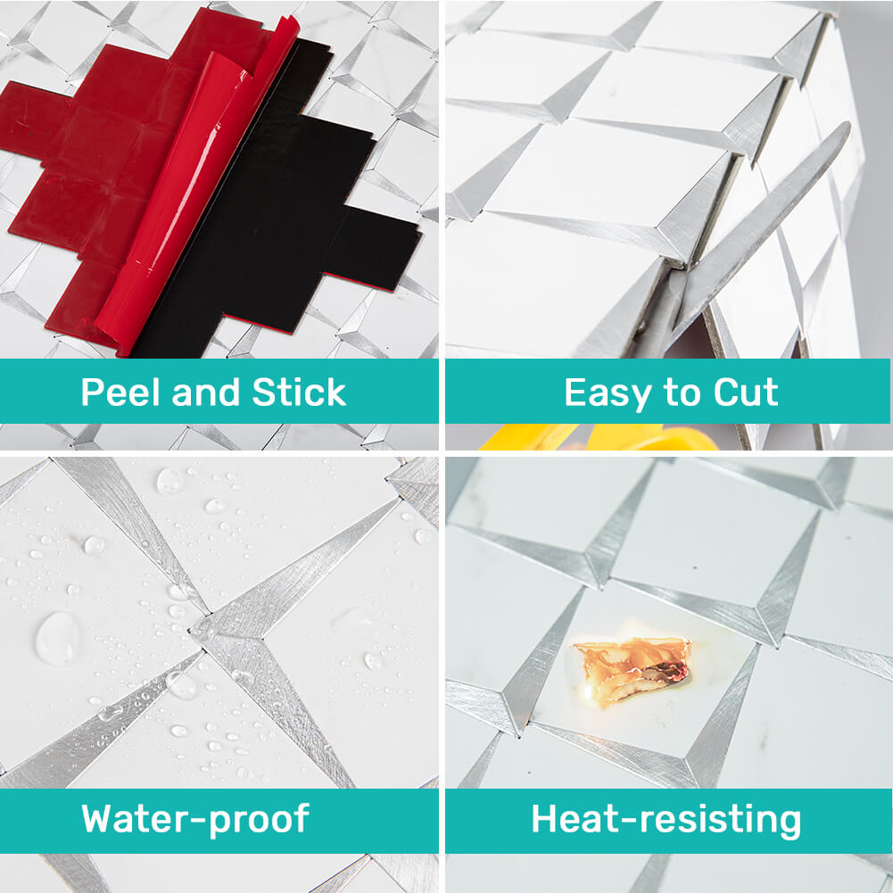 5-Sheet Peel and Stick Backsplash Tile PVC White Marble Stone with Silver Aluminum Metal Self-Adhesive Mosaic Decor Sticker