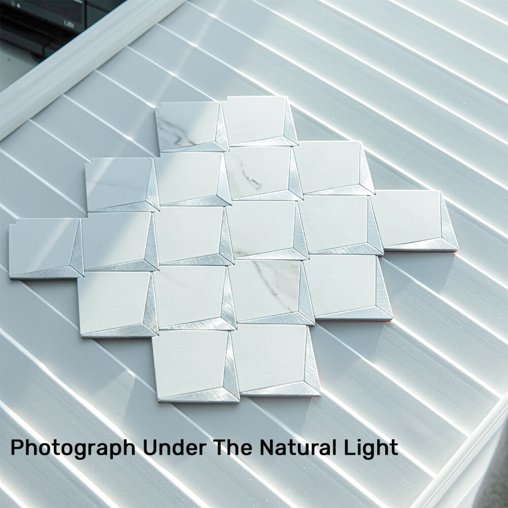 5-Sheet Peel and Stick Backsplash Tile PVC White Marble Stone with Silver Aluminum Metal Self-Adhesive Mosaic Decor Sticker