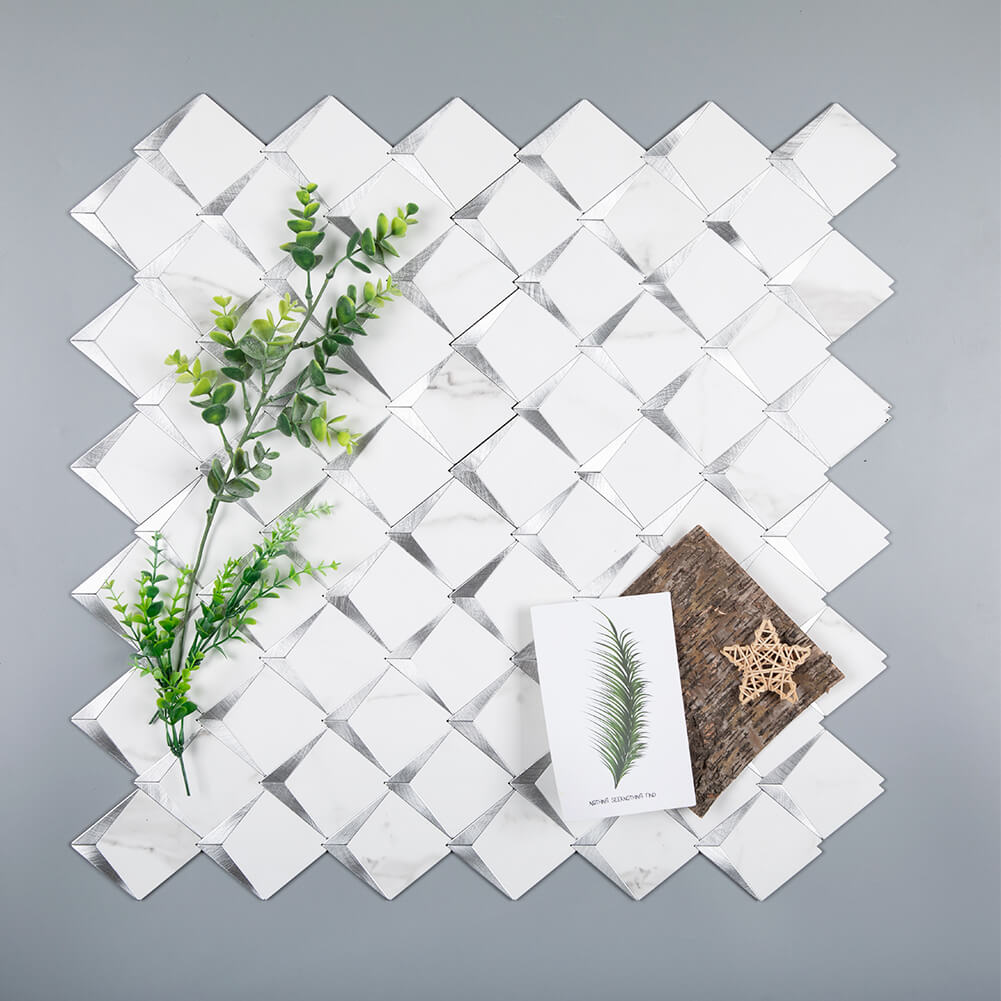 5-Sheet Peel and Stick Backsplash Tile PVC White Marble Stone with Silver Aluminum Metal Self-Adhesive Mosaic Decor Sticker