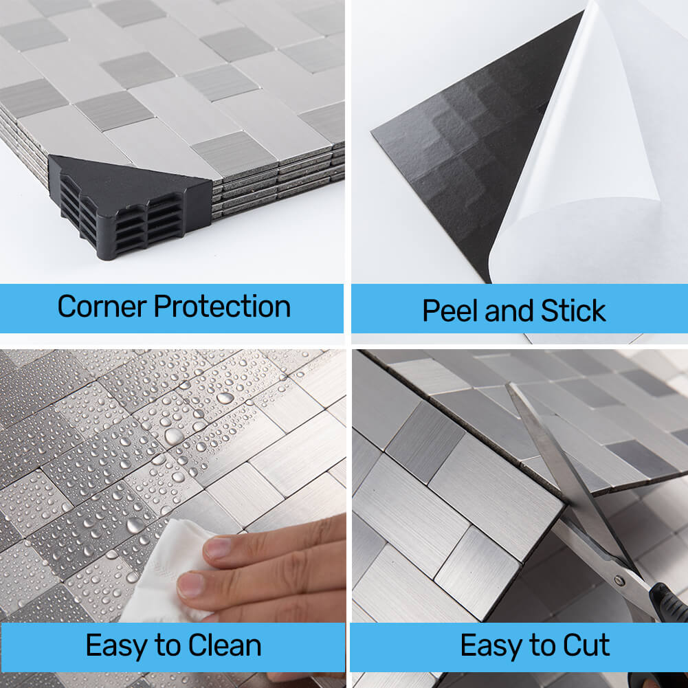 5-Pack Peel and Stick Tile Backsplash Stainless Steel Surface Metal Tile