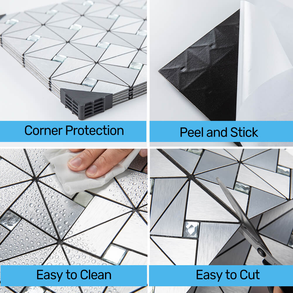 5-Pack Peel and Stick Tile Backsplash Metal Surface with Crystal Diamond