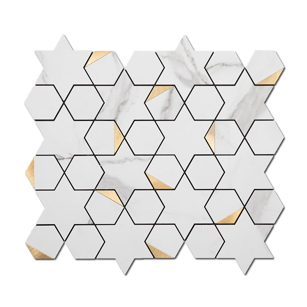 5-Sheet Peel and Stick Backsplash Tile PVC White Marble Stone with Gold Metal Tile Star Hexago