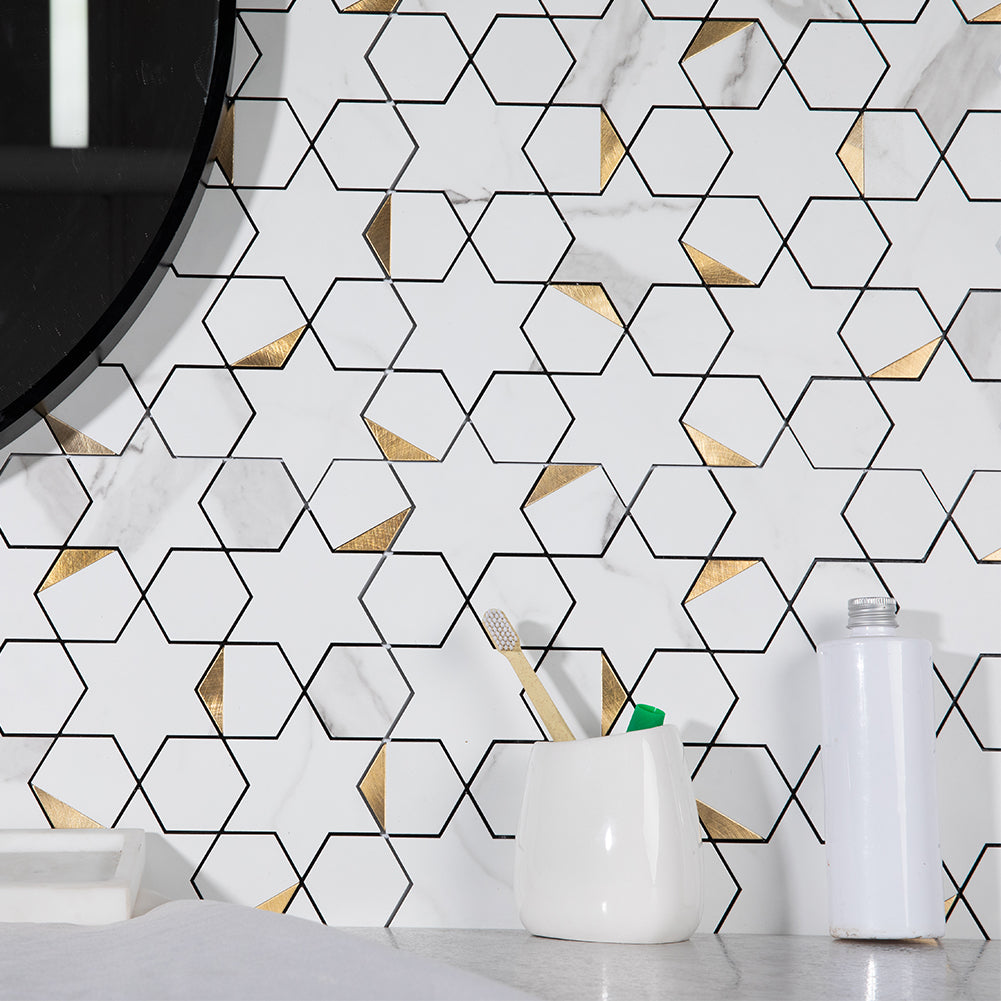 5-Sheet Peel and Stick Backsplash Tile PVC White Marble Stone with Gold Metal Tile Star Hexago