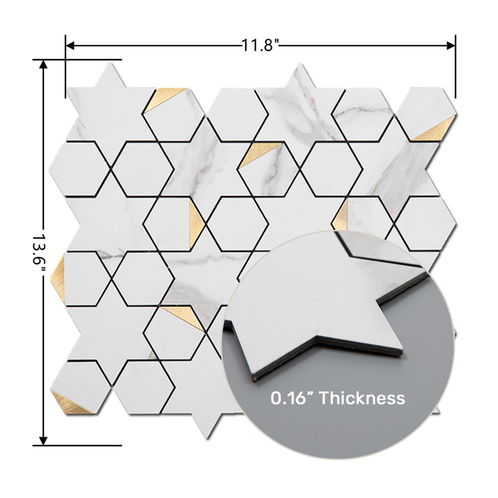 5-Sheet Peel and Stick Backsplash Tile PVC White Marble Stone with Gold Metal Tile Star Hexago