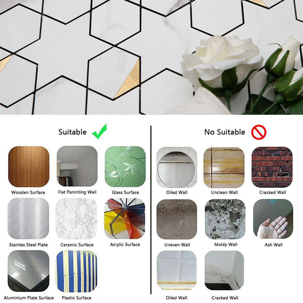 5-Sheet Peel and Stick Backsplash Tile PVC White Marble Stone with Gold Metal Tile Star Hexago