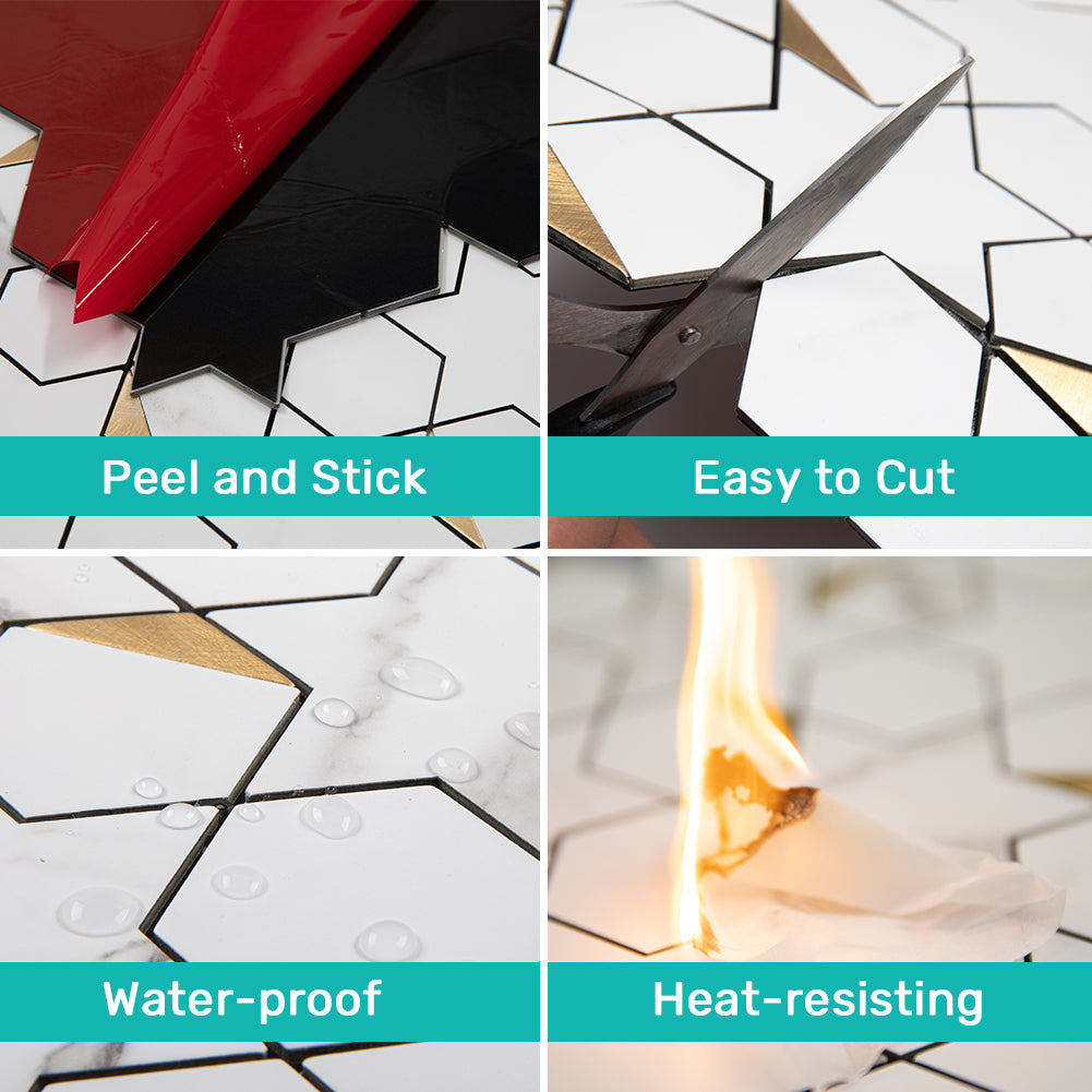5-Sheet Peel and Stick Backsplash Tile PVC White Marble Stone with Gold Metal Tile Star Hexago