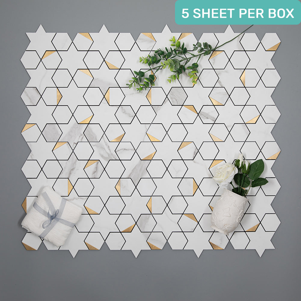 5-Sheet Peel and Stick Backsplash Tile PVC White Marble Stone with Gold Metal Tile Star Hexago