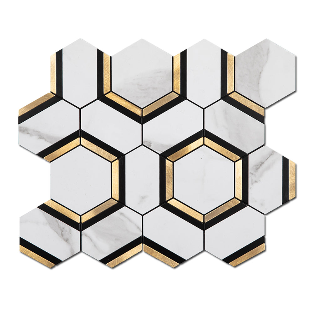 Peel and Stick Backsplash Tile 3'' Hexagon PVC White Marble Stone with Gold Metal Mosaic  5-Sheet