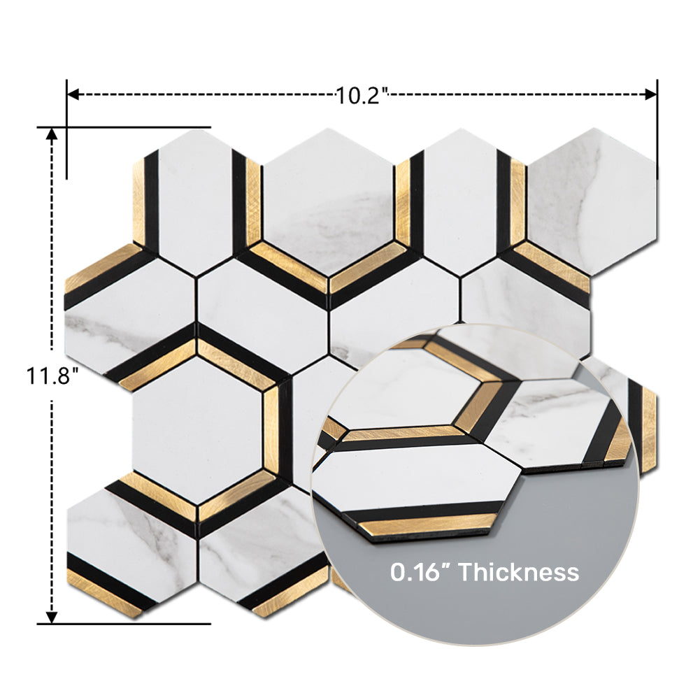 Peel and Stick Backsplash Tile 3'' Hexagon PVC White Marble Stone with Gold Metal Mosaic  5-Sheet