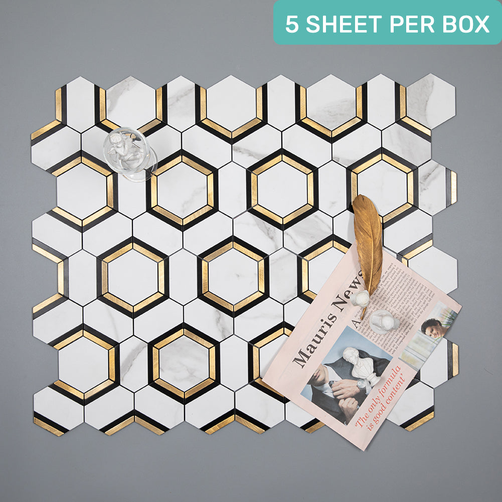 Peel and Stick Backsplash Tile 3'' Hexagon PVC White Marble Stone with Gold Metal Mosaic  5-Sheet