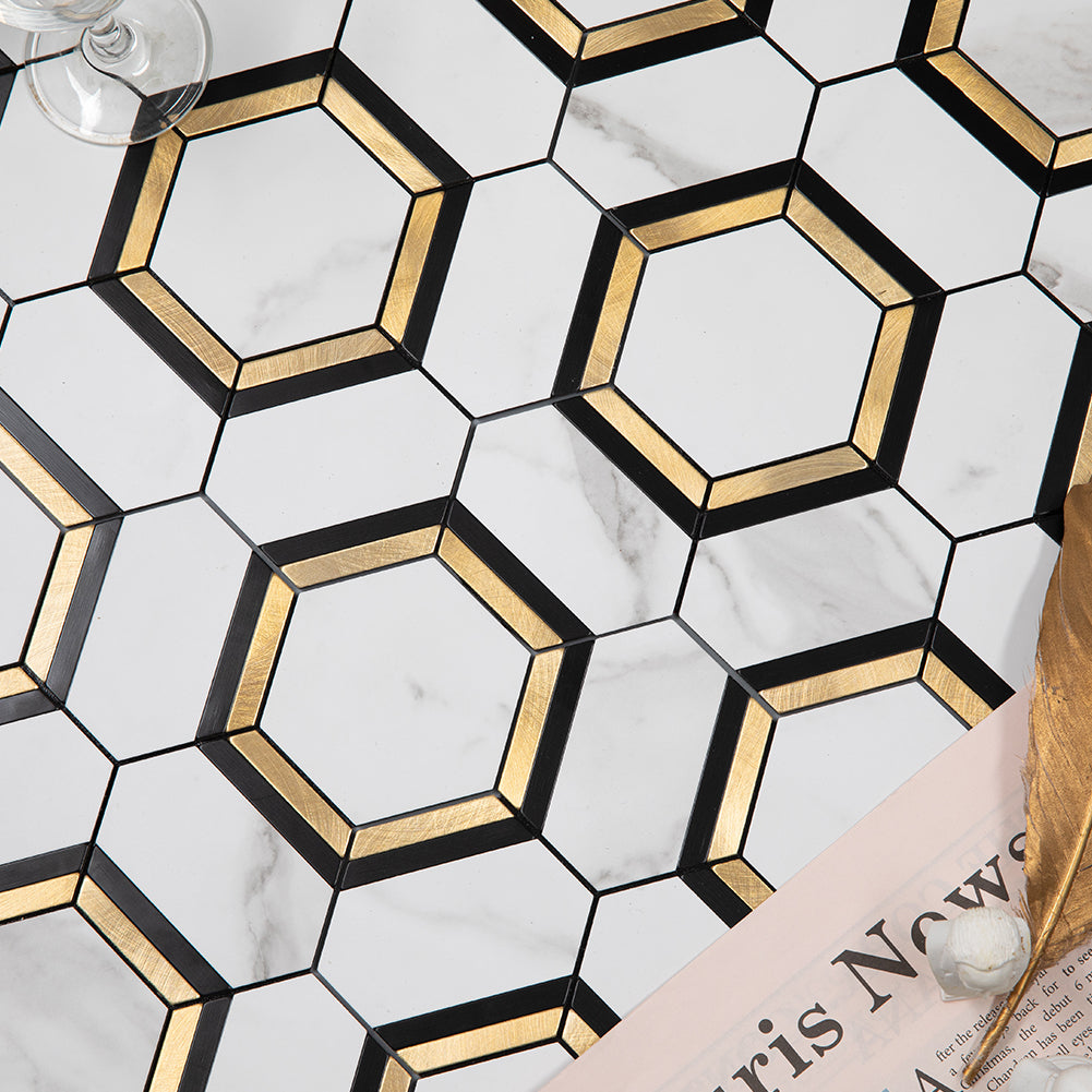 Peel and Stick Backsplash Tile 3'' Hexagon PVC White Marble Stone with Gold Metal Mosaic  5-Sheet