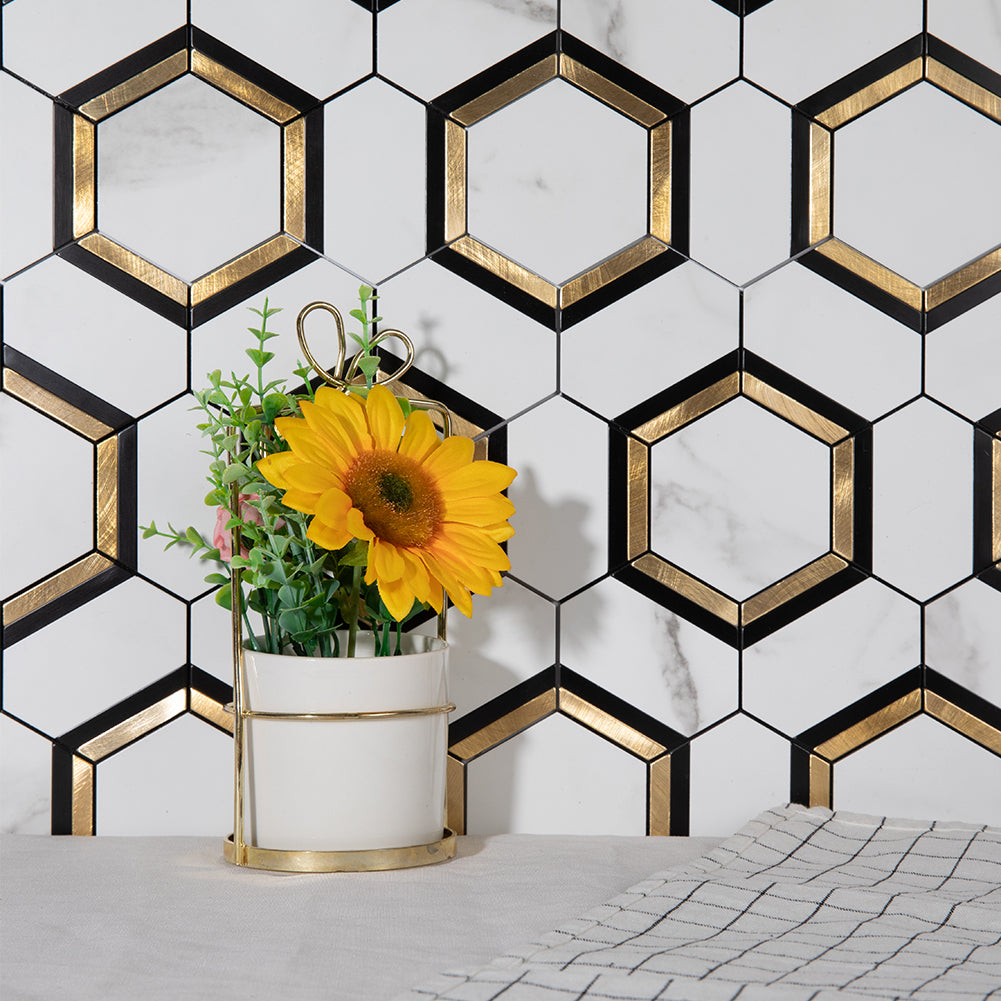 Peel and Stick Backsplash Tile 3'' Hexagon PVC White Marble Stone with Gold Metal Mosaic  5-Sheet