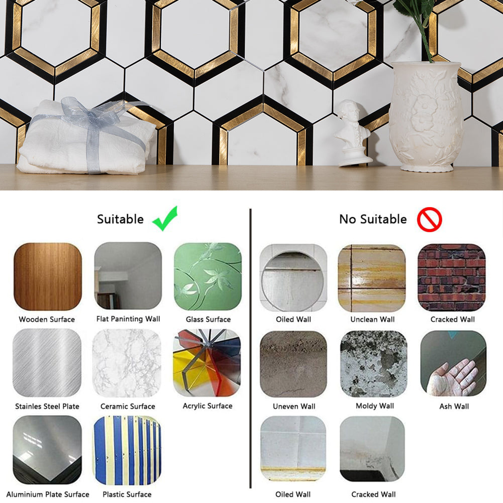 Peel and Stick Backsplash Tile 3'' Hexagon PVC White Marble Stone with Gold Metal Mosaic  5-Sheet