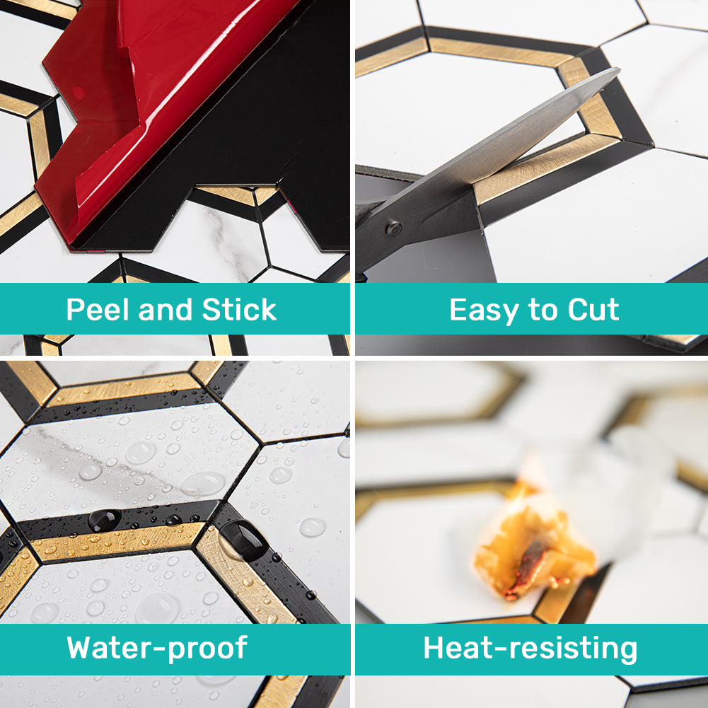 Peel and Stick Backsplash Tile 3'' Hexagon PVC White Marble Stone with Gold Metal Mosaic  5-Sheet