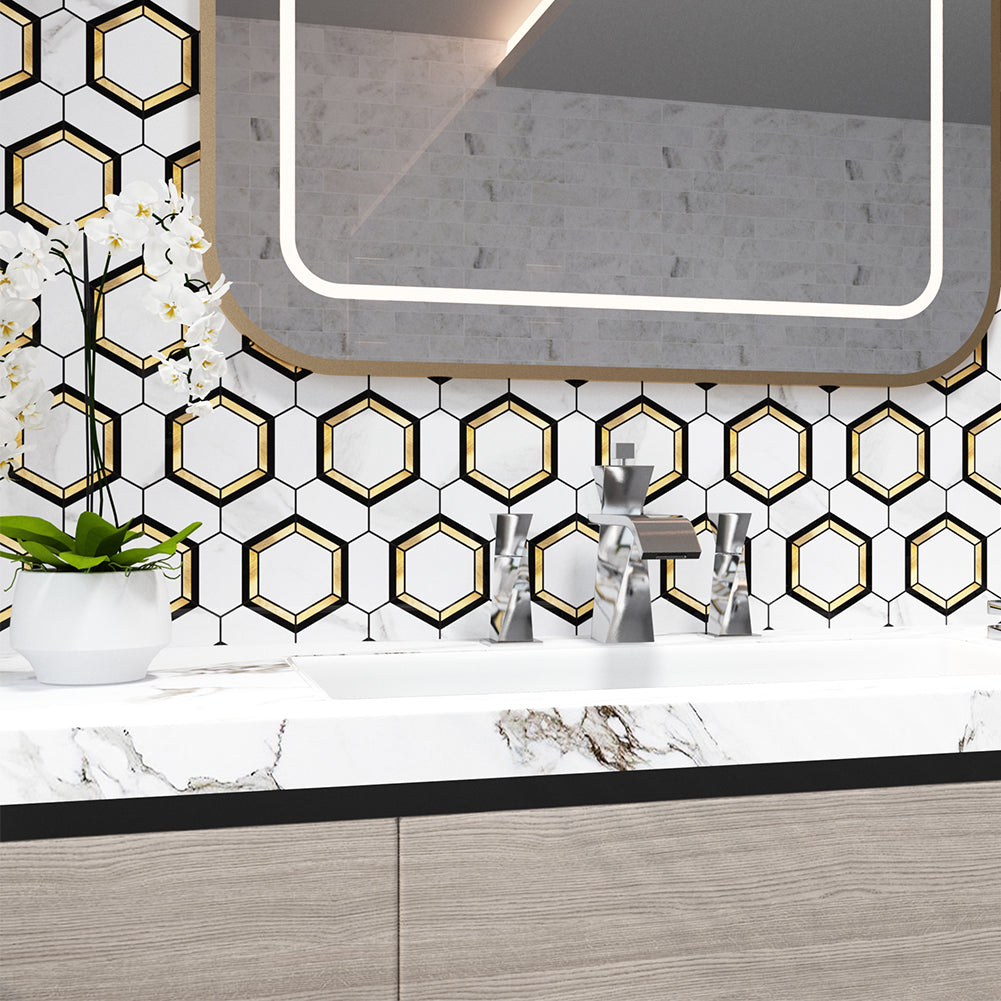 Peel and Stick Backsplash Tile 3'' Hexagon PVC White Marble Stone with Gold Metal Mosaic  5-Sheet