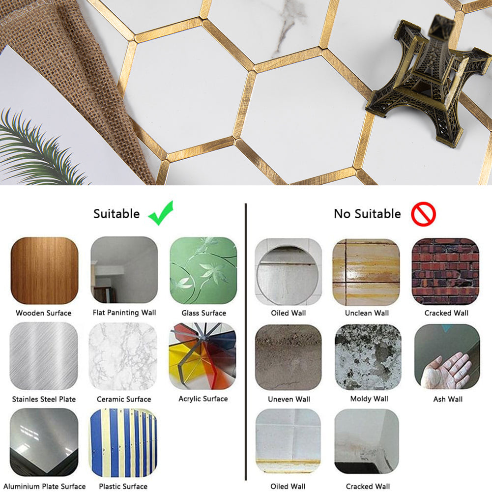 5-Sheet Peel and Stick Backsplash Tile PVC White Marble Stone with Gold Metal 3'' Hexagon