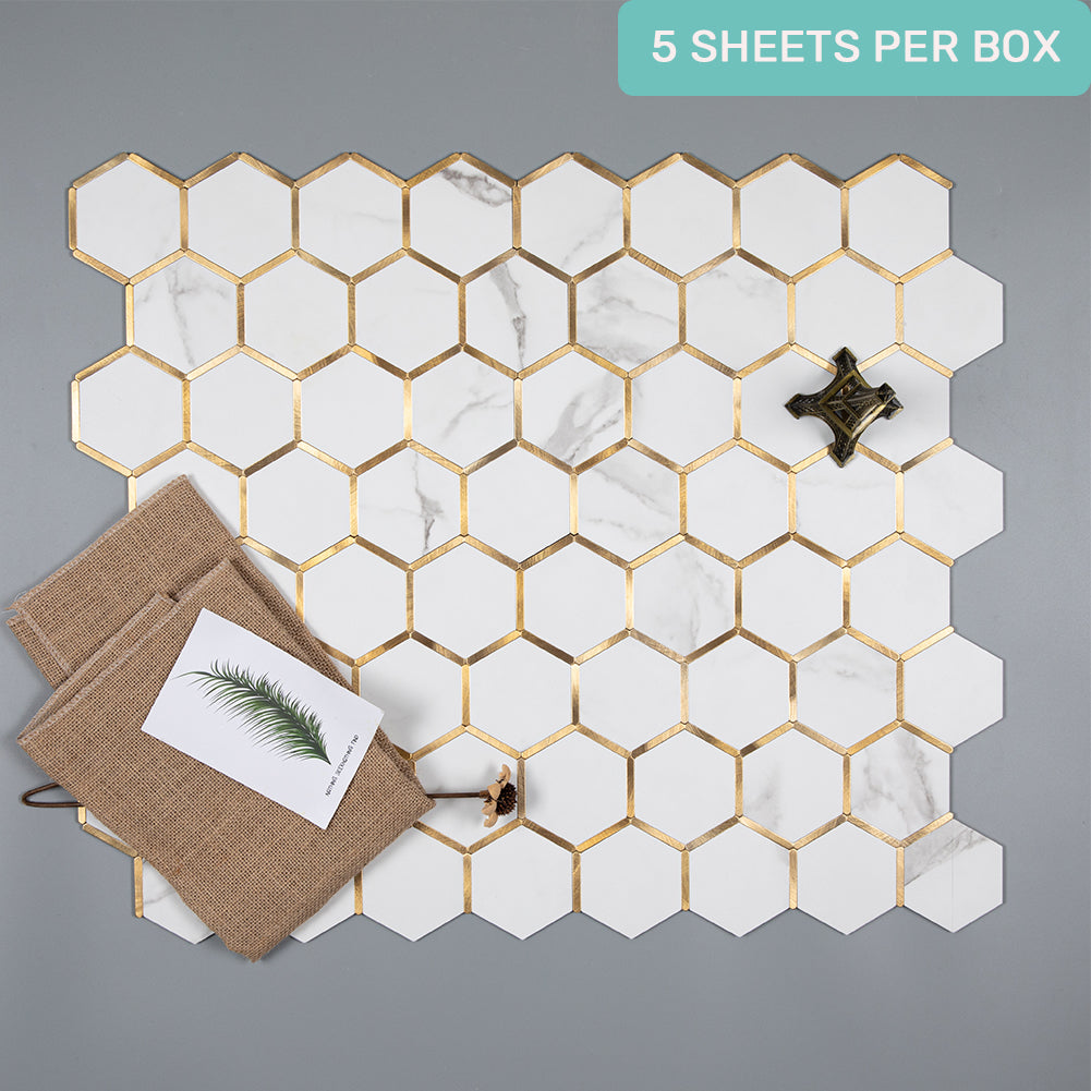 5-Sheet Peel and Stick Backsplash Tile PVC White Marble Stone with Gold Metal 3'' Hexagon