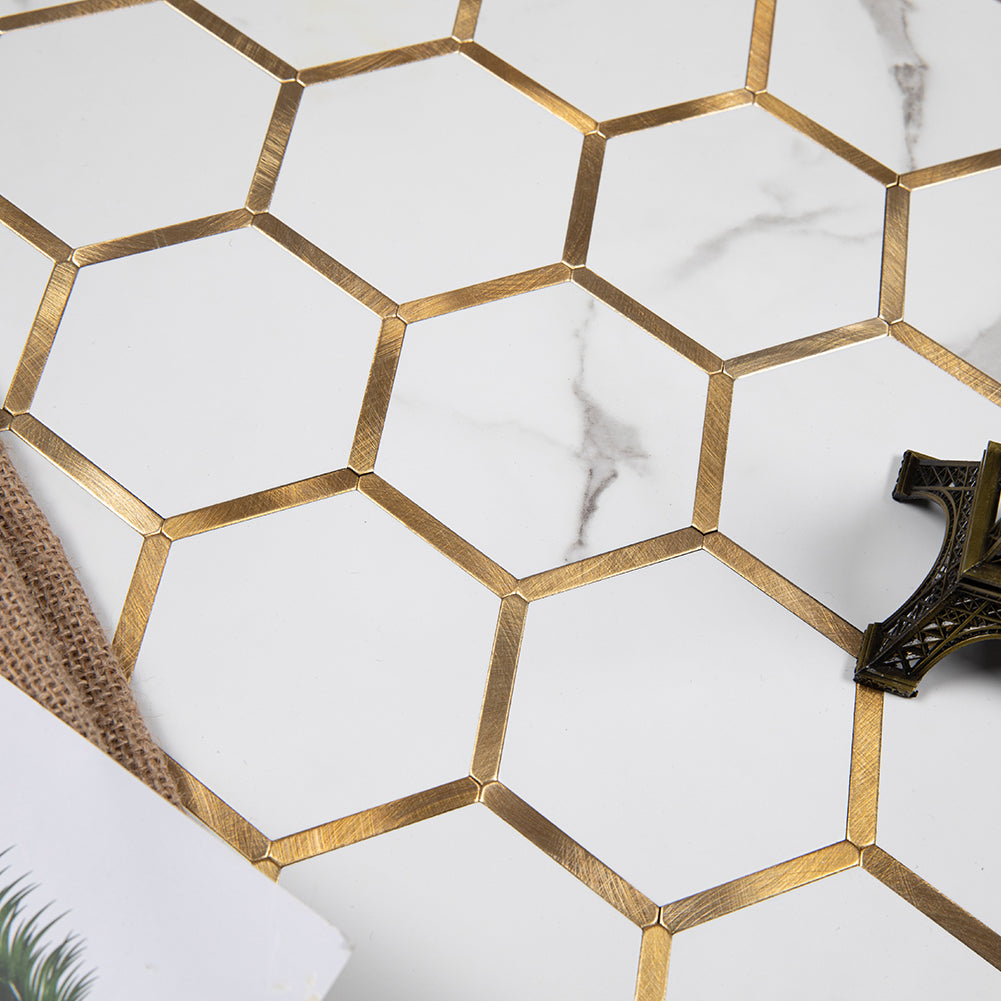 5-Sheet Peel and Stick Backsplash Tile PVC White Marble Stone with Gold Metal 3'' Hexagon