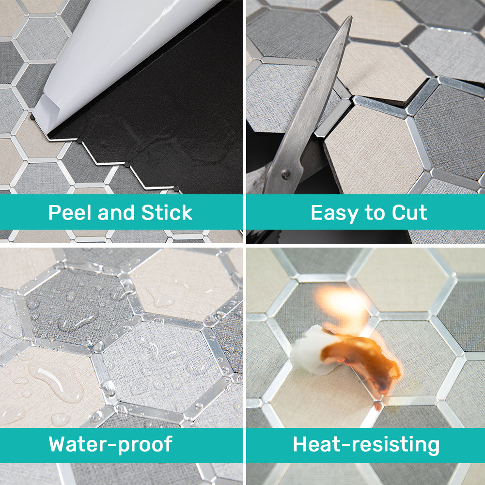 5-Sheet Peel and Stick Backsplash Tile PVC Imitation Cloth Pattern Self-Adhesive Mosaic Tile (Cream, Light Grey and Dark Grey)