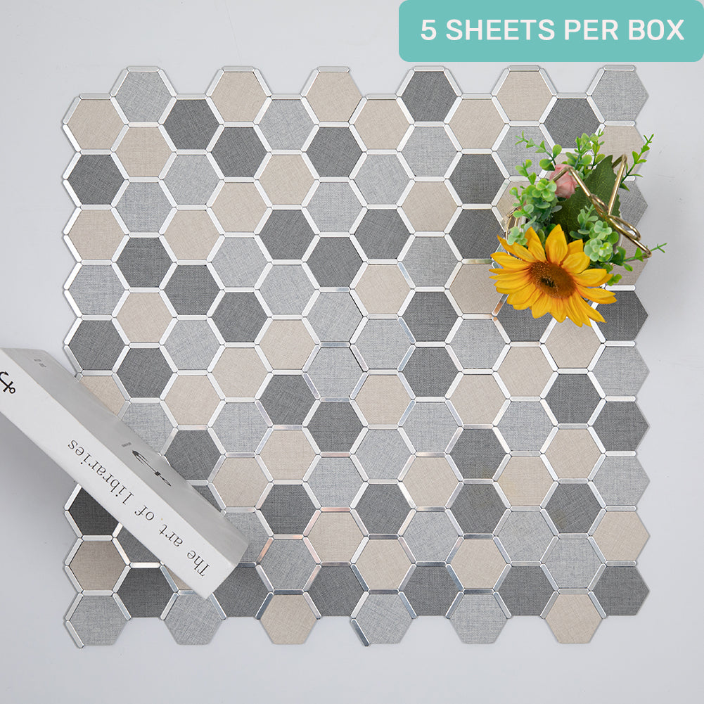 5-Sheet Peel and Stick Backsplash Tile PVC Imitation Cloth Pattern Self-Adhesive Mosaic Tile (Cream, Light Grey and Dark Grey)