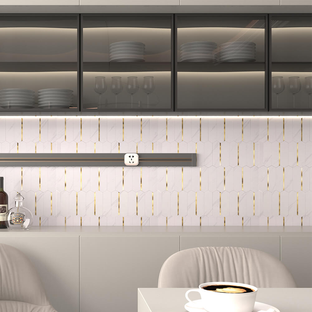 Peel and Stick Backsplash Tile Hexagon PVC White Marble with Gold Metal 5-Sheet